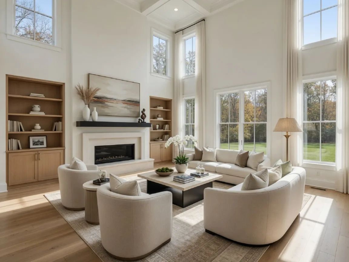 Luxury home interior in Westlake, Ohio with high ceilings, large windows, and elegant furnishings