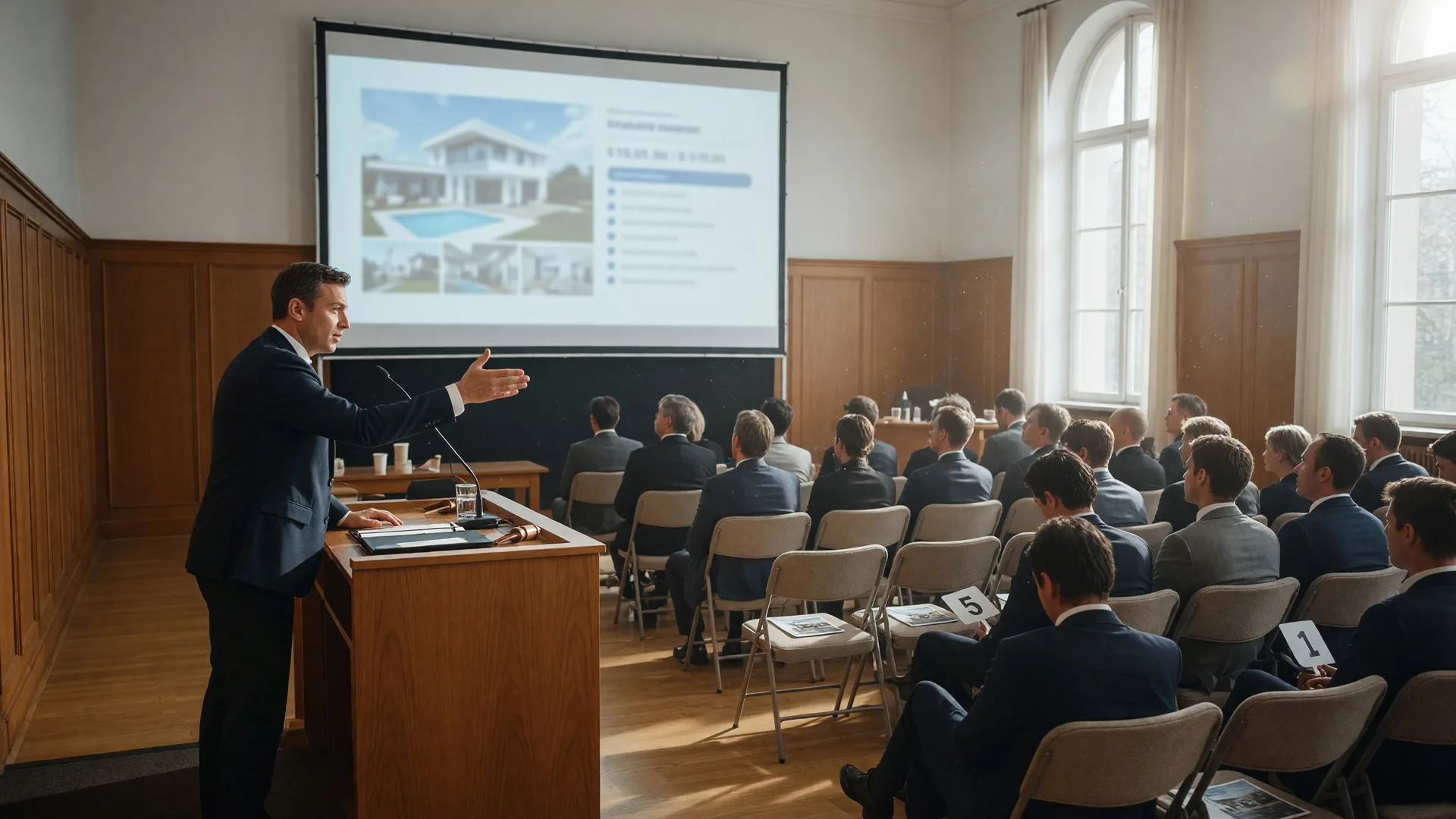 Real estate auction event with podium and attendees in a professional setting