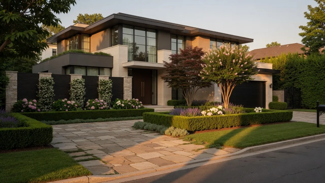 Elegant luxury home exterior in a Westlake, Ohio neighborhood with mature landscaping and warm afternoon light