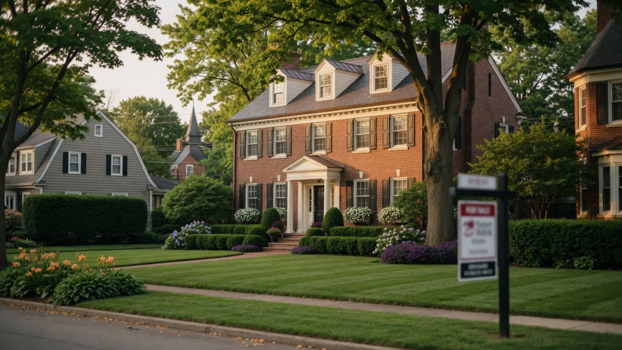 Aerial view of a charming suburban community in Northeast Ohio with tree-lined streets and green spaces on a summer morning
