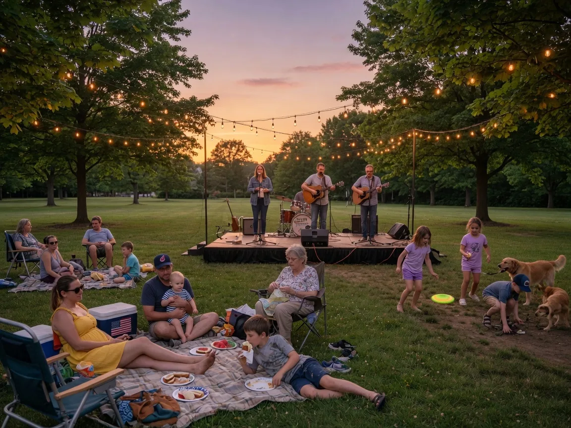 Summer evening community festival in a Northeast Ohio park with string lights, live music, and families on the lawn