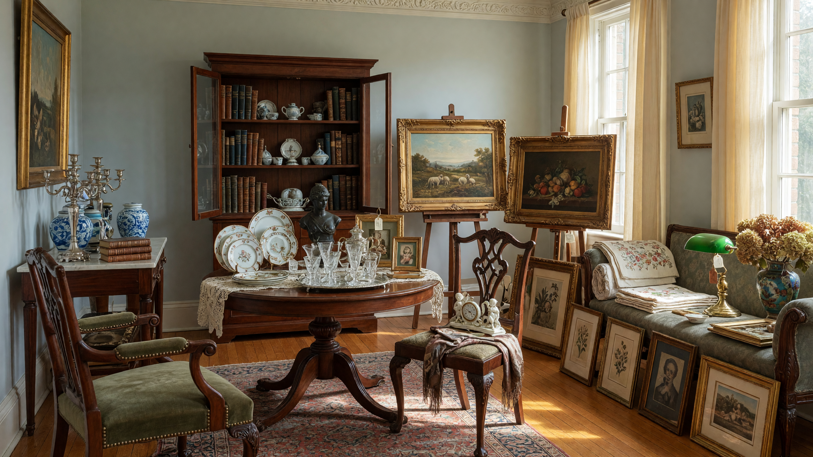 Estate property items arranged for auction display in a well-lit room with antiques, artwork, and personal property