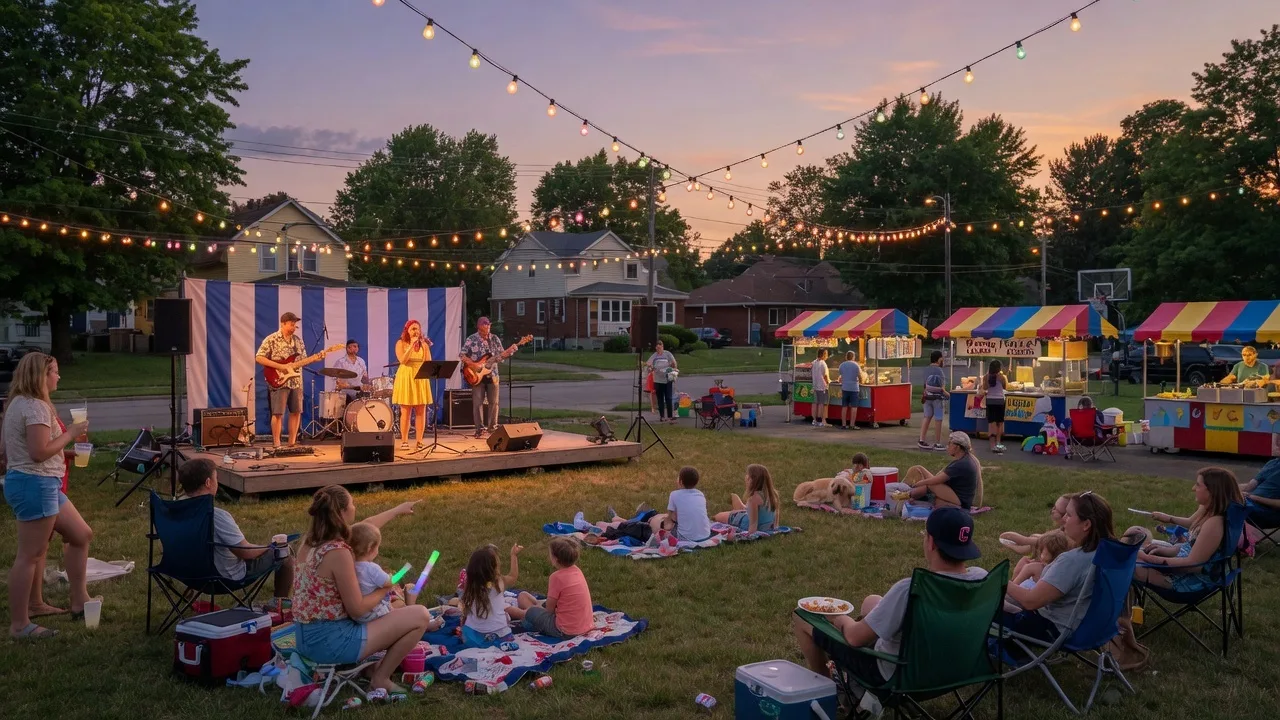 Summer evening community festival in a Northeast Ohio suburb with live music, string lights, and families gathered on a grassy park