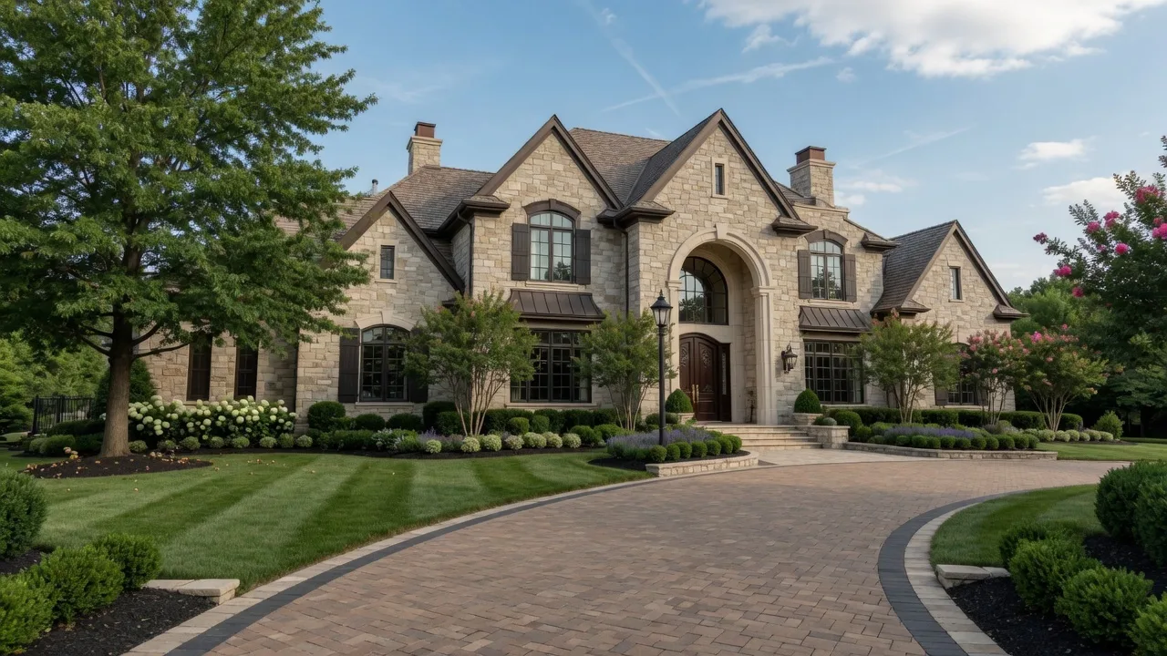 Luxury custom-built estate home in Westlake, Ohio with elegant stone facade and manicured landscaping