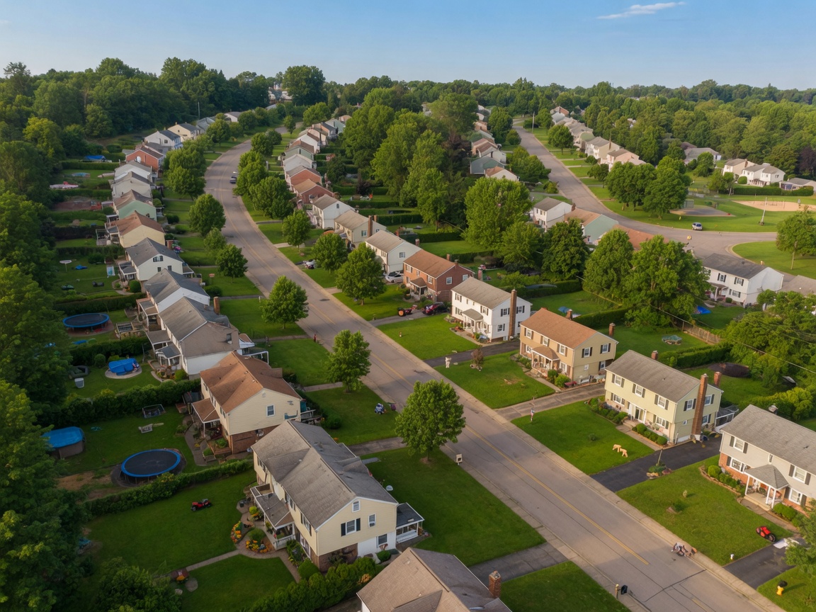 Aerial view of a tree-lined suburban neighborhood in Northeast Ohio during summer