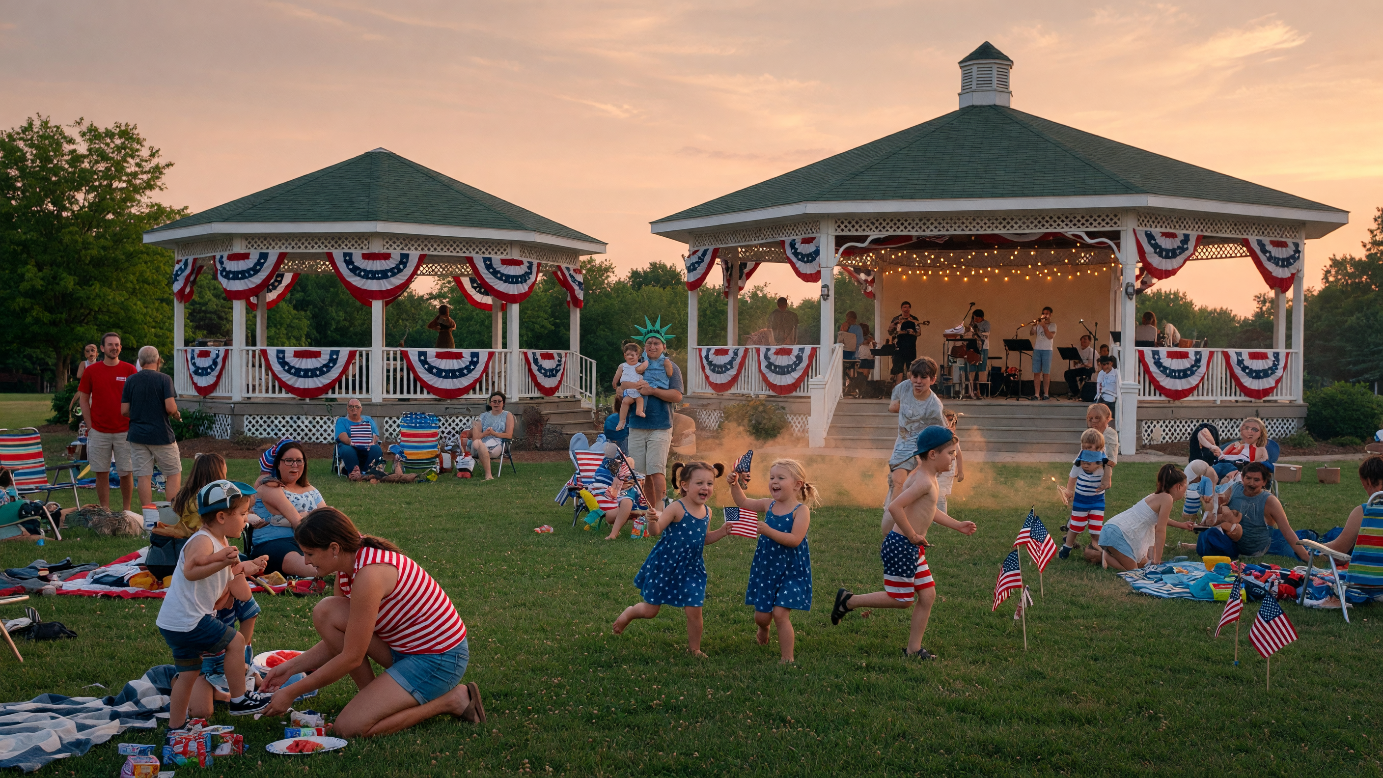 Community Independence Day celebration in a suburban neighborhood with families and festive decorations