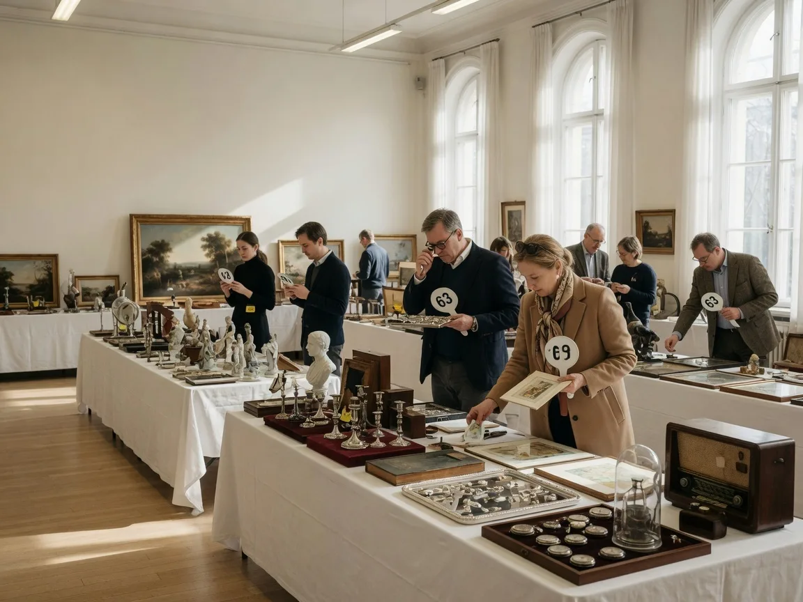 Auction preview day with bidders examining items on display tables including artwork, antiques, and collectibles