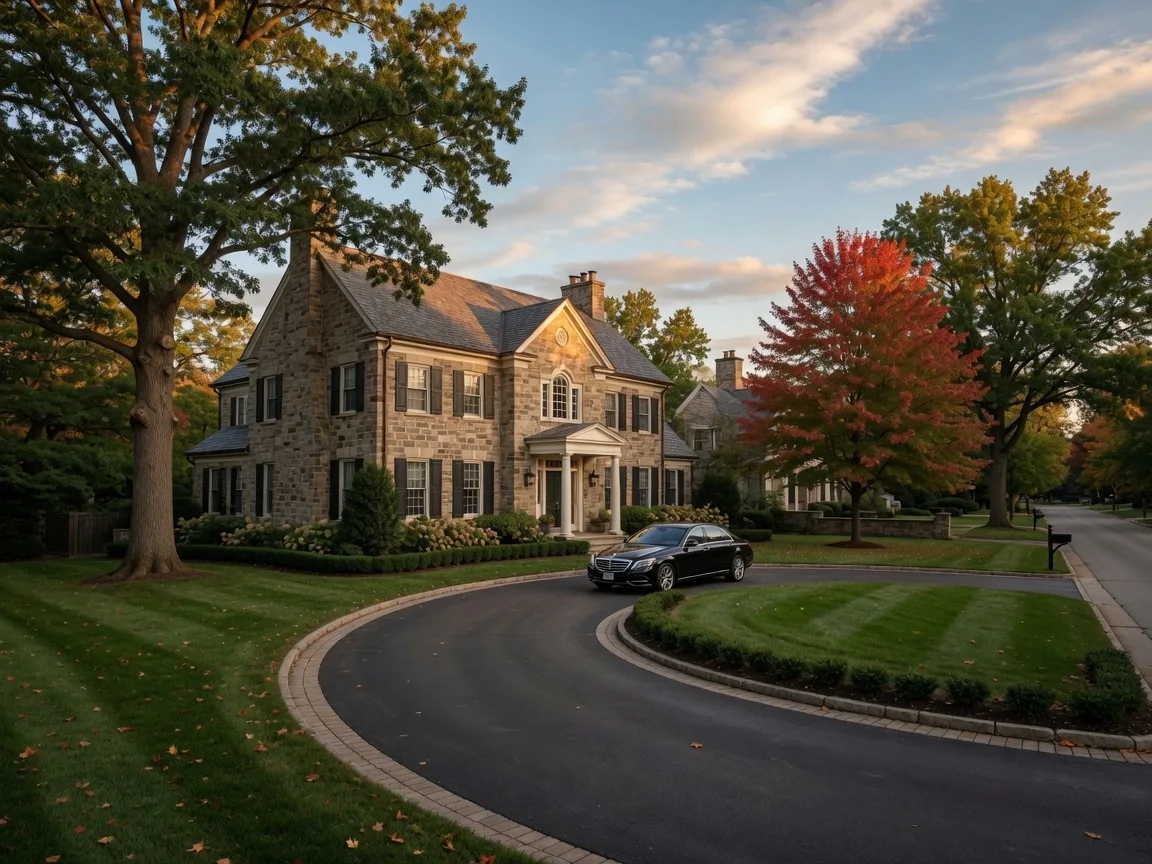 Luxury home exterior in an upscale Northeast Ohio neighborhood with stone facade and manicured landscaping