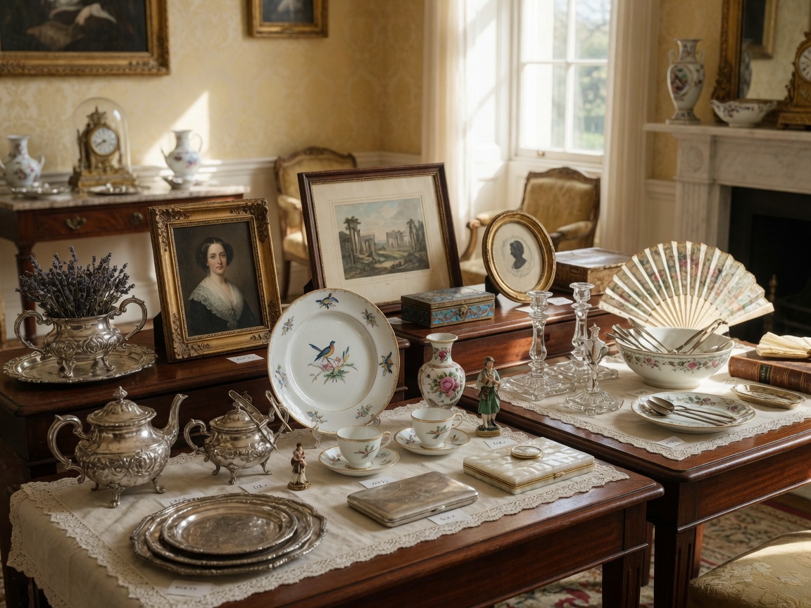 Collection of fine antiques, silver, and framed artwork at an estate sale