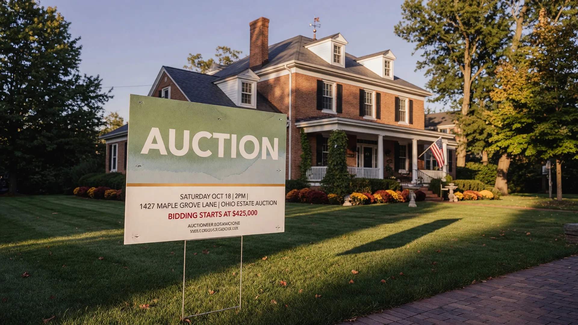 Real estate auction sign in front of an elegant Ohio home