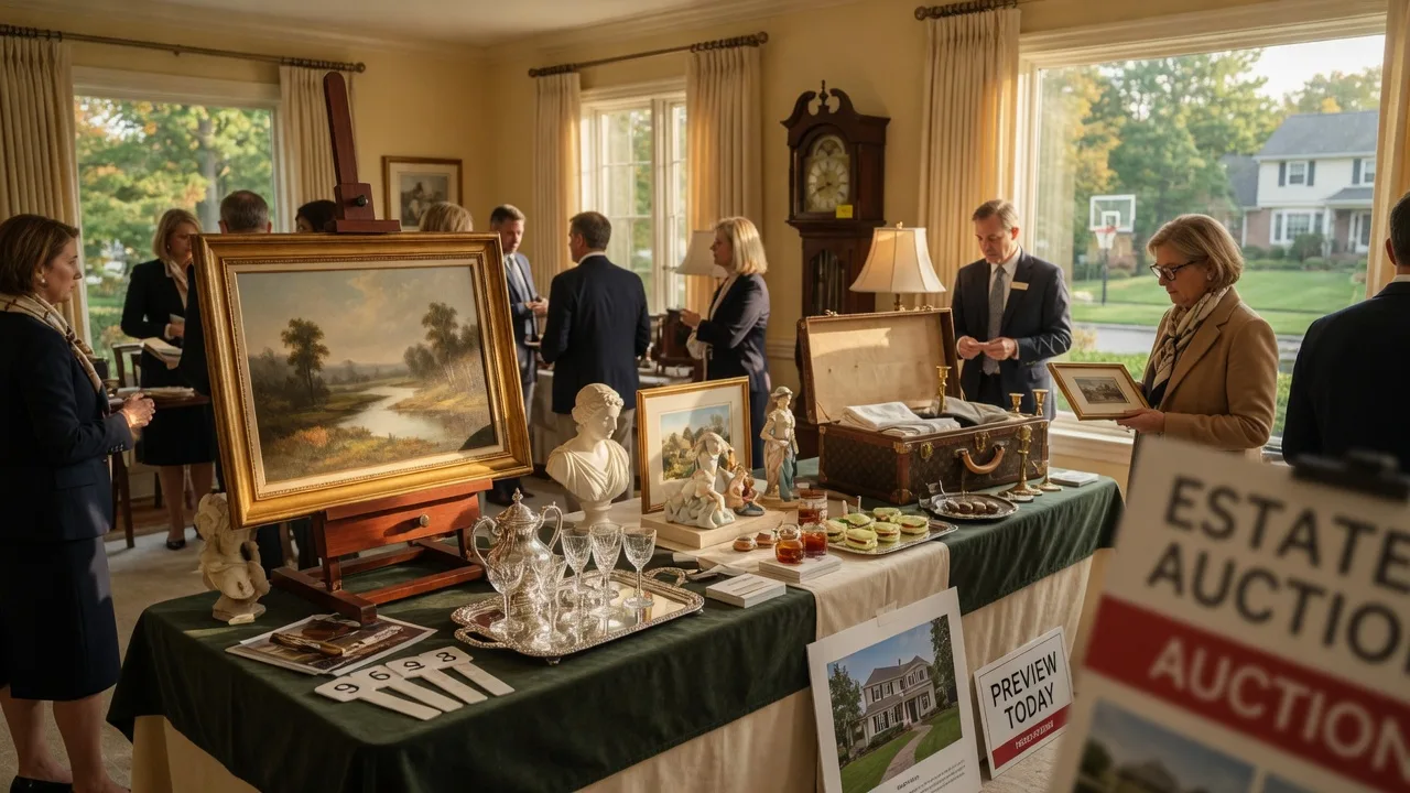 Estate auction display with antiques, artwork, and personal property arranged for preview in a well-lit room