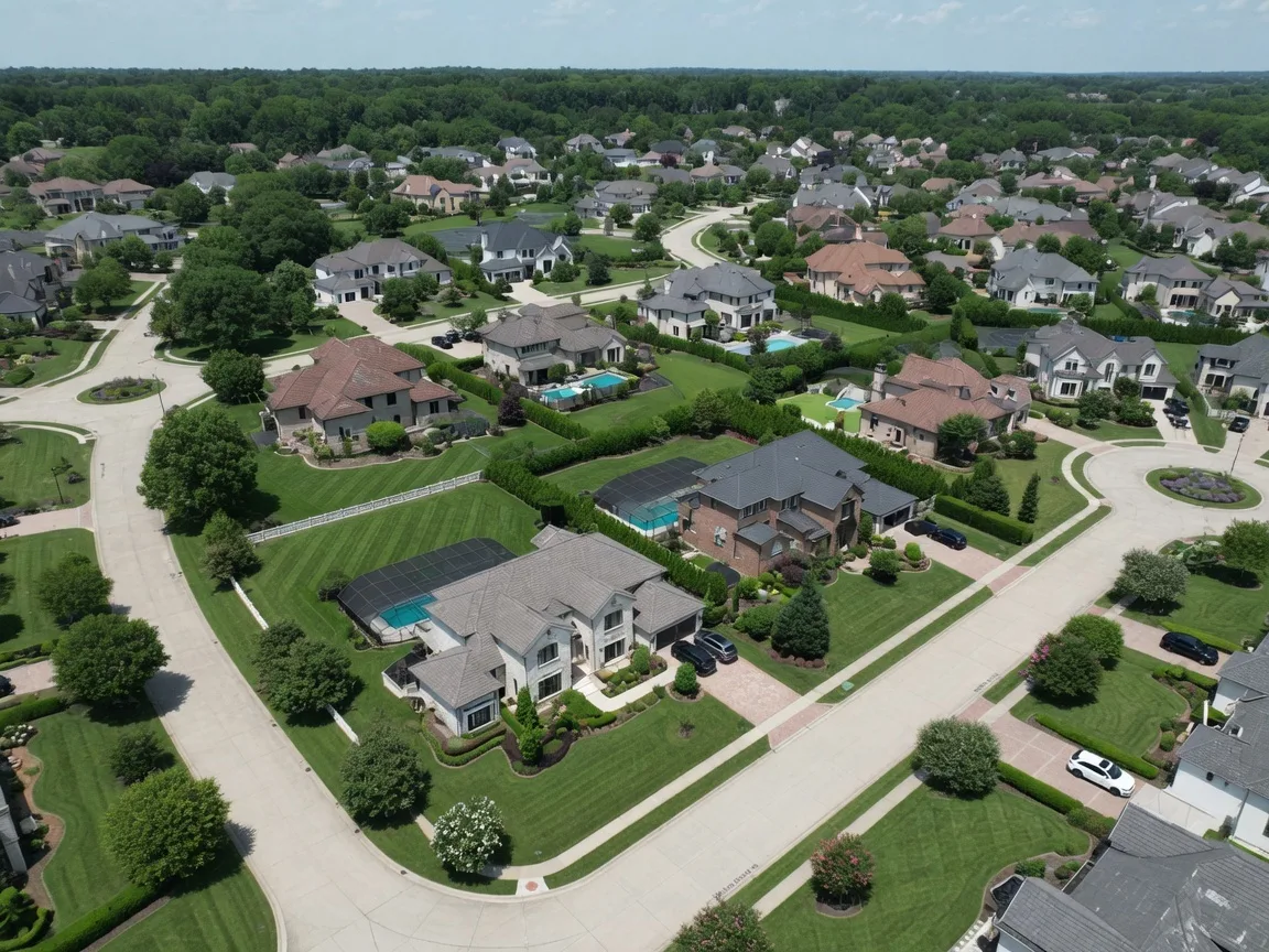 Aerial view of an upscale residential community in Northeast Ohio showing large homes, mature trees, and winding streets