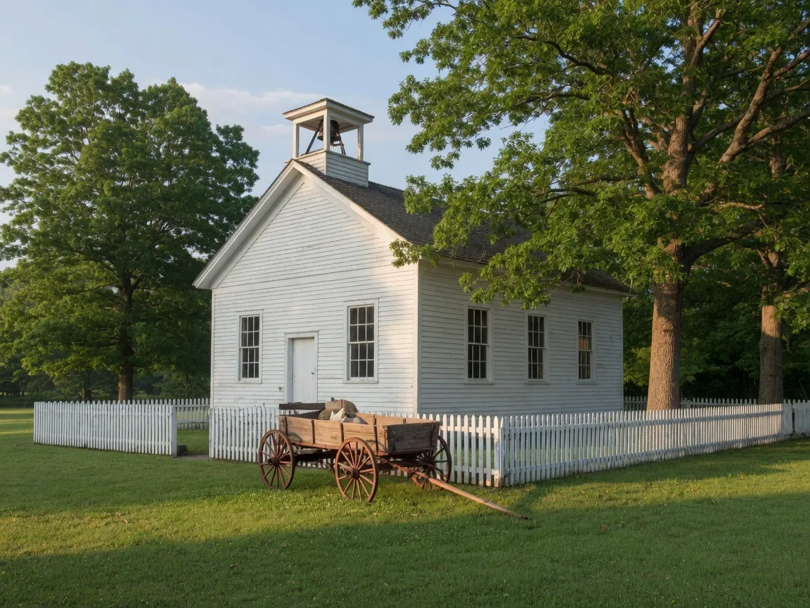 Strongsville Historical Village one-room schoolhouse in Strongsville, Ohio on a bright summer morning