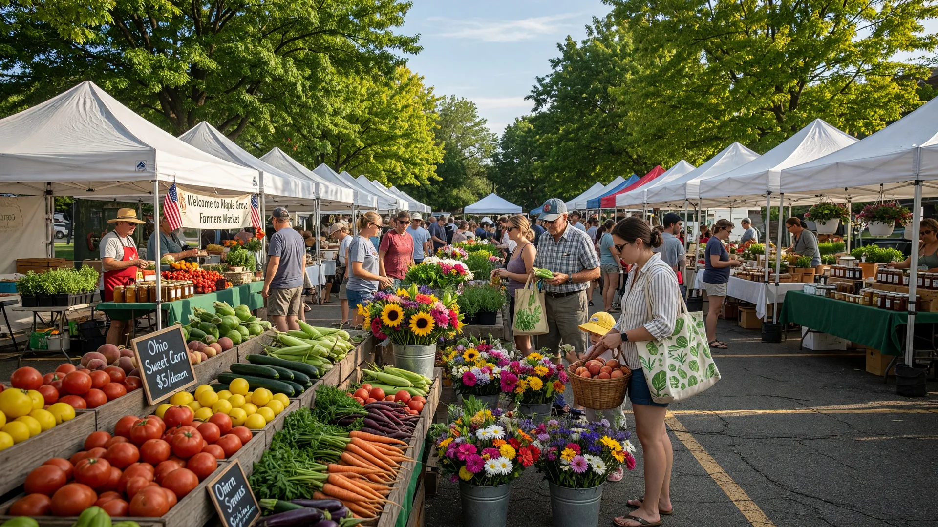Summer farmers market in a Westlake suburb with white tents, fresh produce, and shoppers on a sunny morning