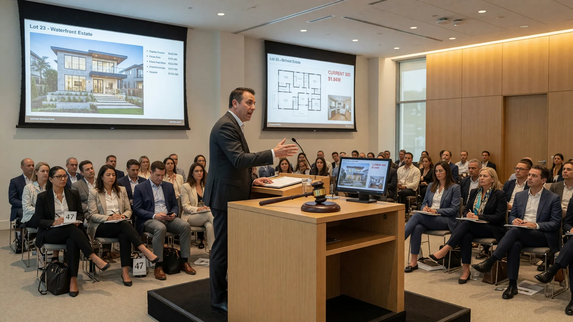 Real estate auction event with podium, gavel, and attendees in a professional auction hall