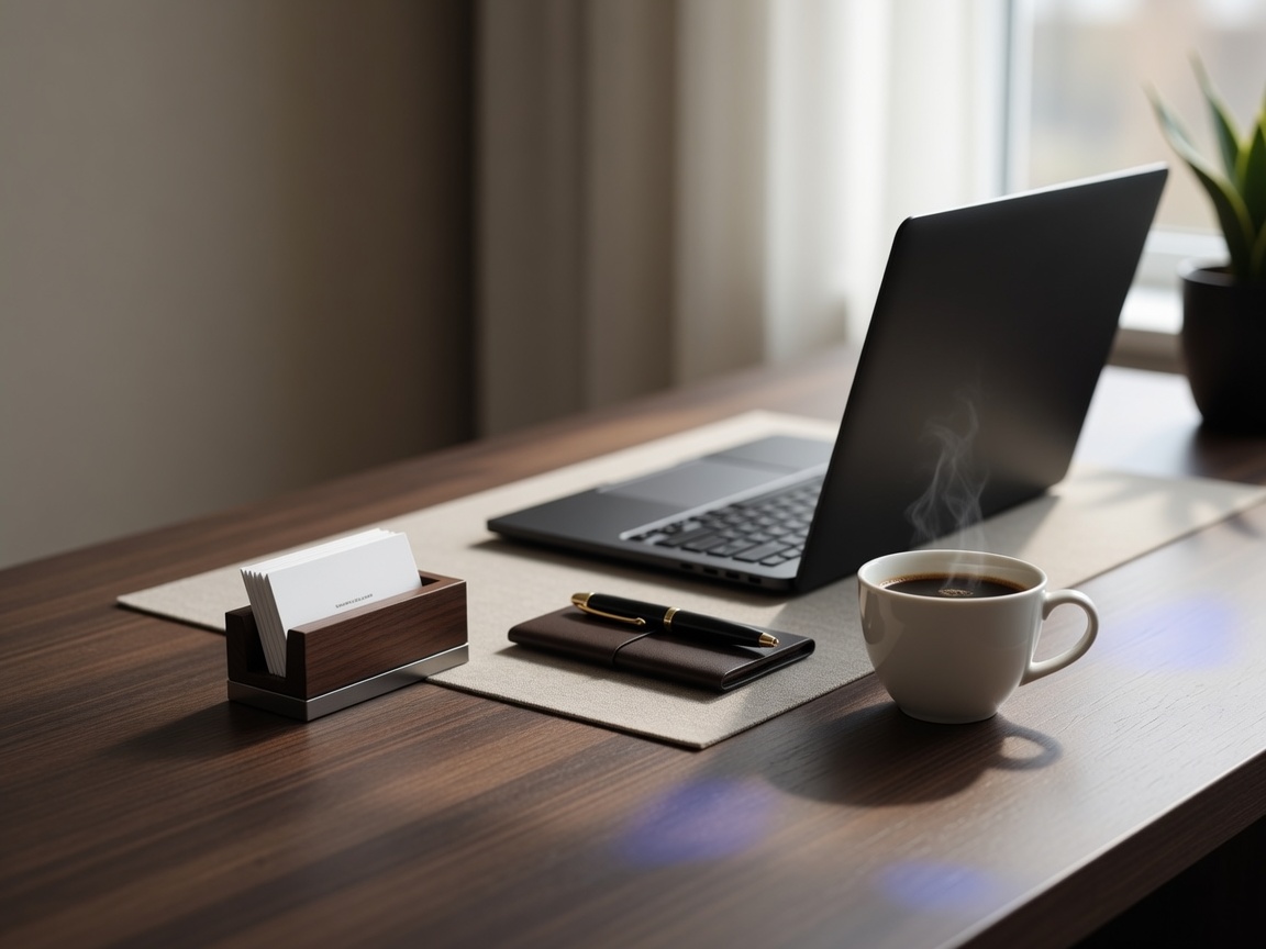 Modern real estate workspace with laptop and marketing tools