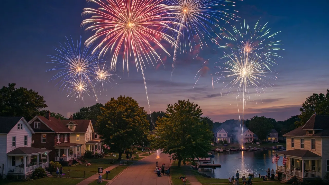 Fireworks illuminating a suburban Northeast Ohio town on Independence Day evening