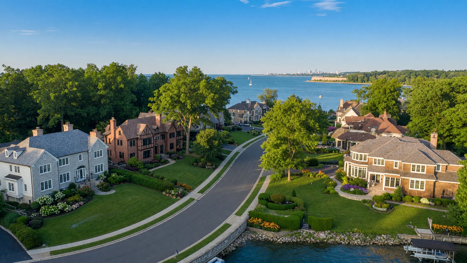 Luxury home interior in Rocky River, Ohio with floor-to-ceiling windows overlooking Lake Erie