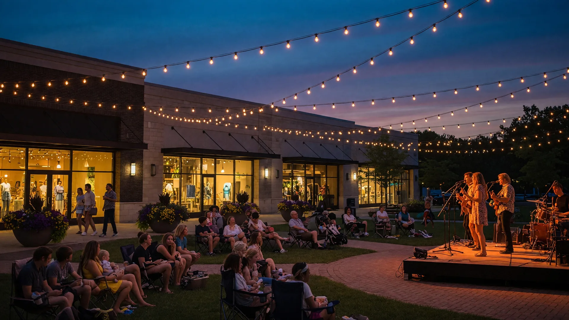 Summer evening at Crocker Park in Westlake, Ohio with string lights, live music, and families gathered on a plaza