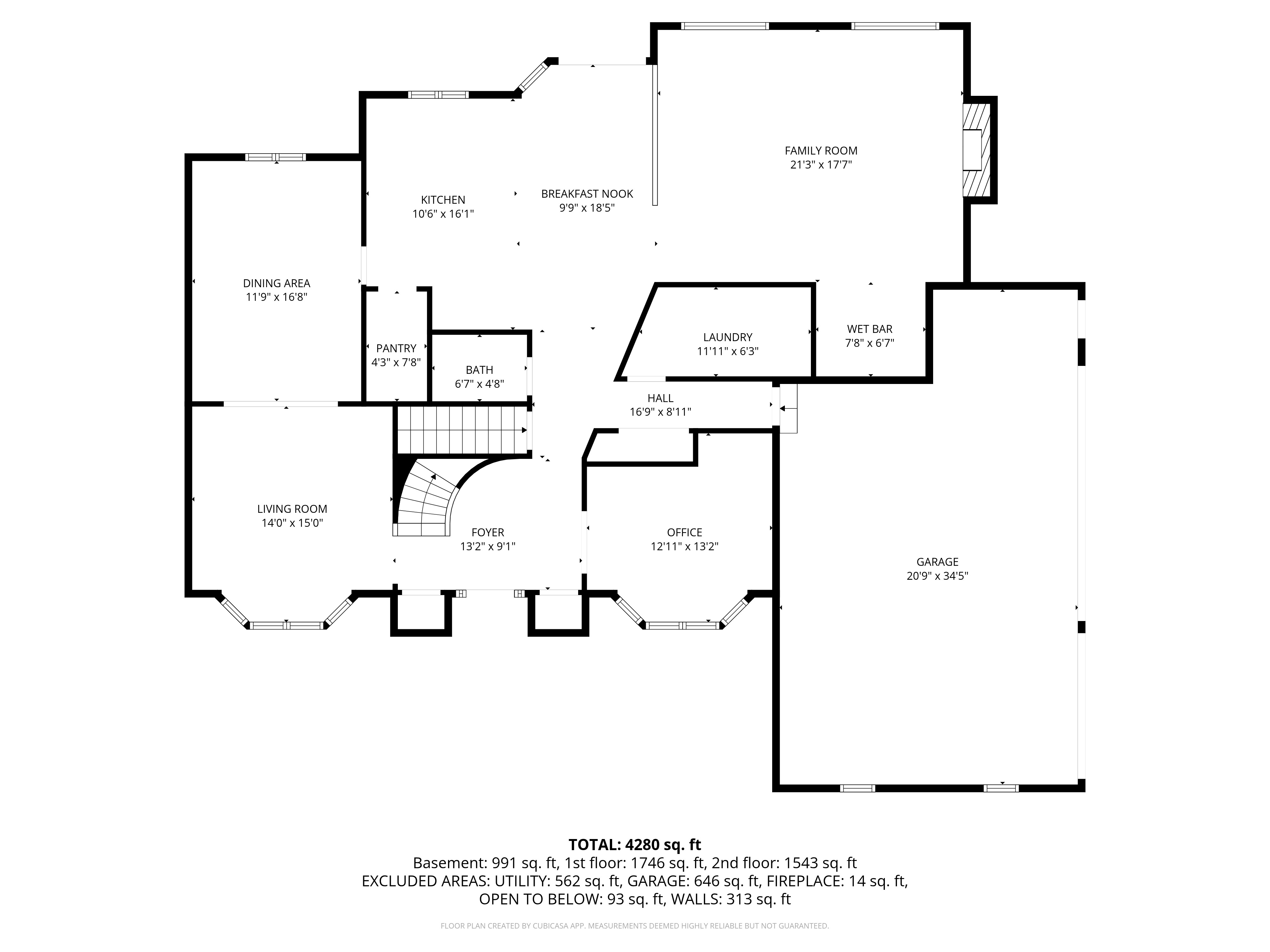 First floor layout showing kitchen, dining room, living room, office, and garage