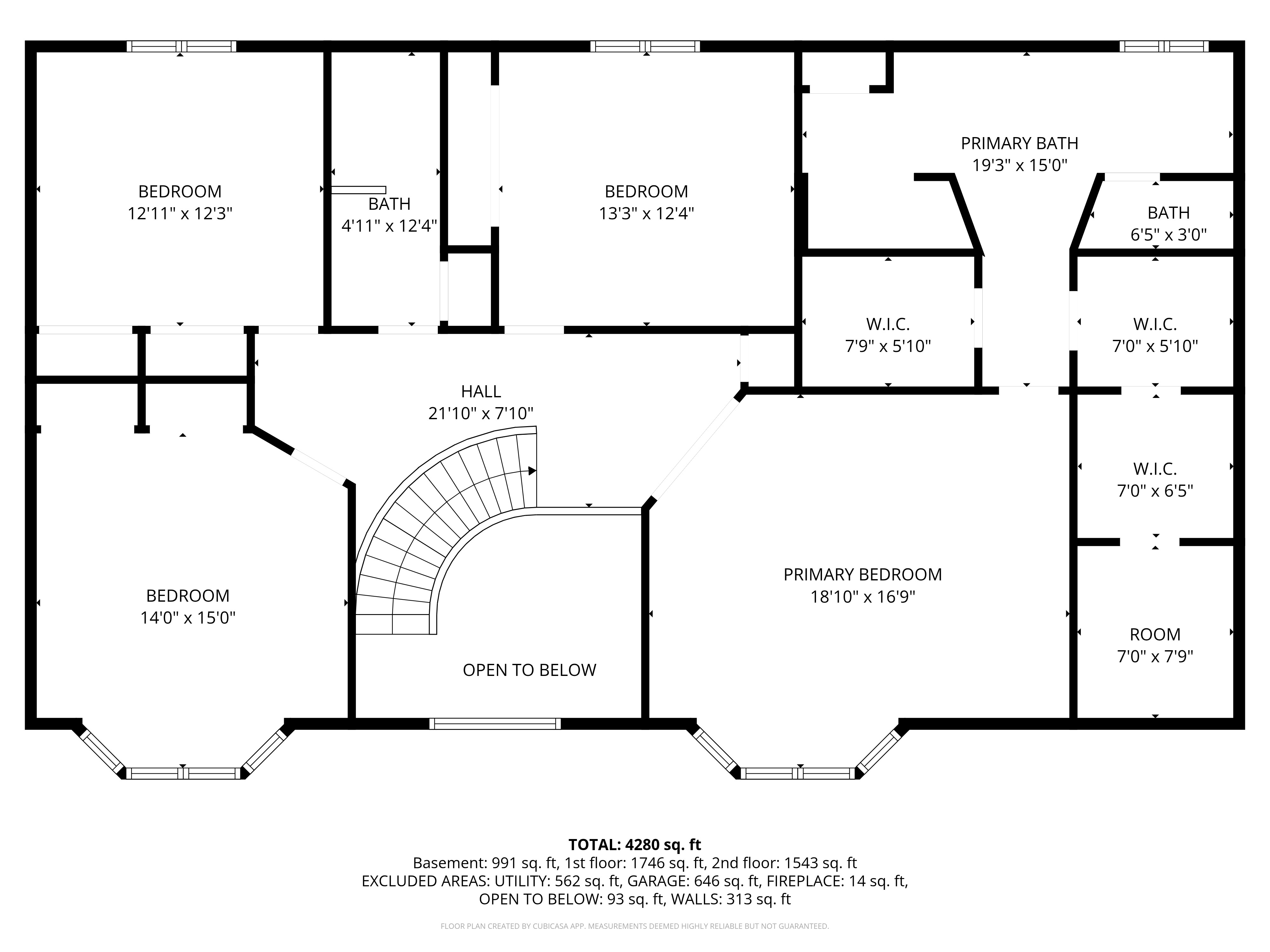 Second floor plan showing four bedrooms, three bathrooms, and primary suite with walk-in closets