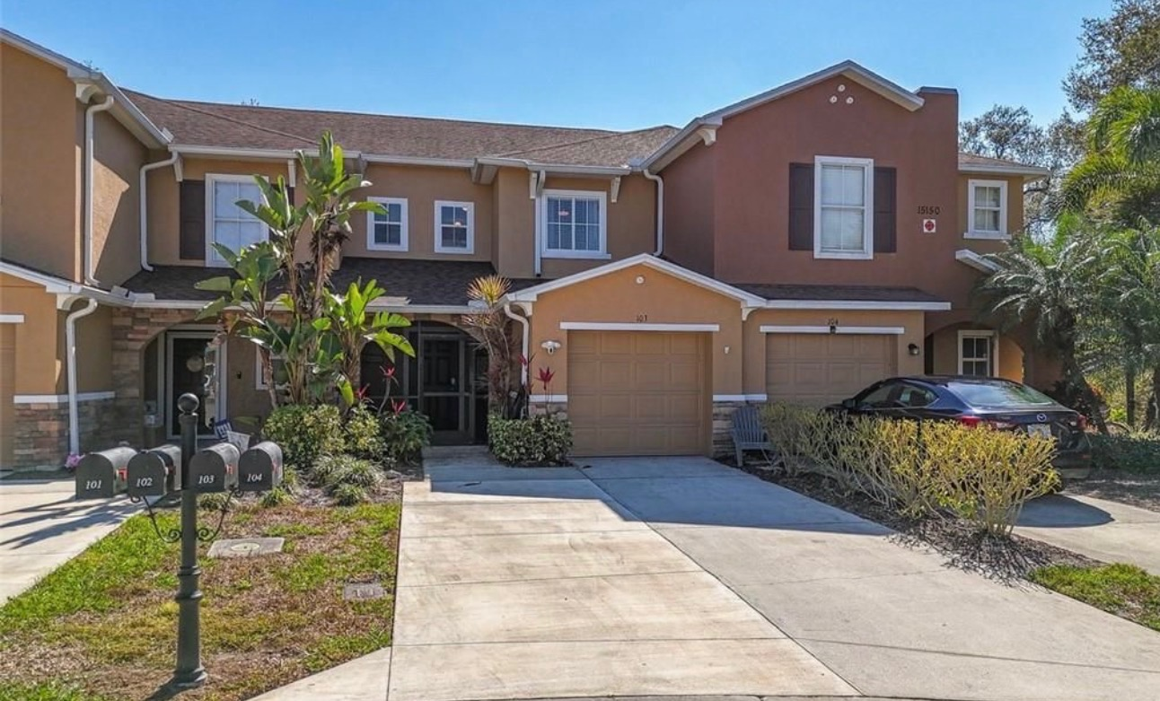 Exterior view of the townhome at 15150 Piping Plover Ct #103 in Bayshore Commons, North Fort Myers
