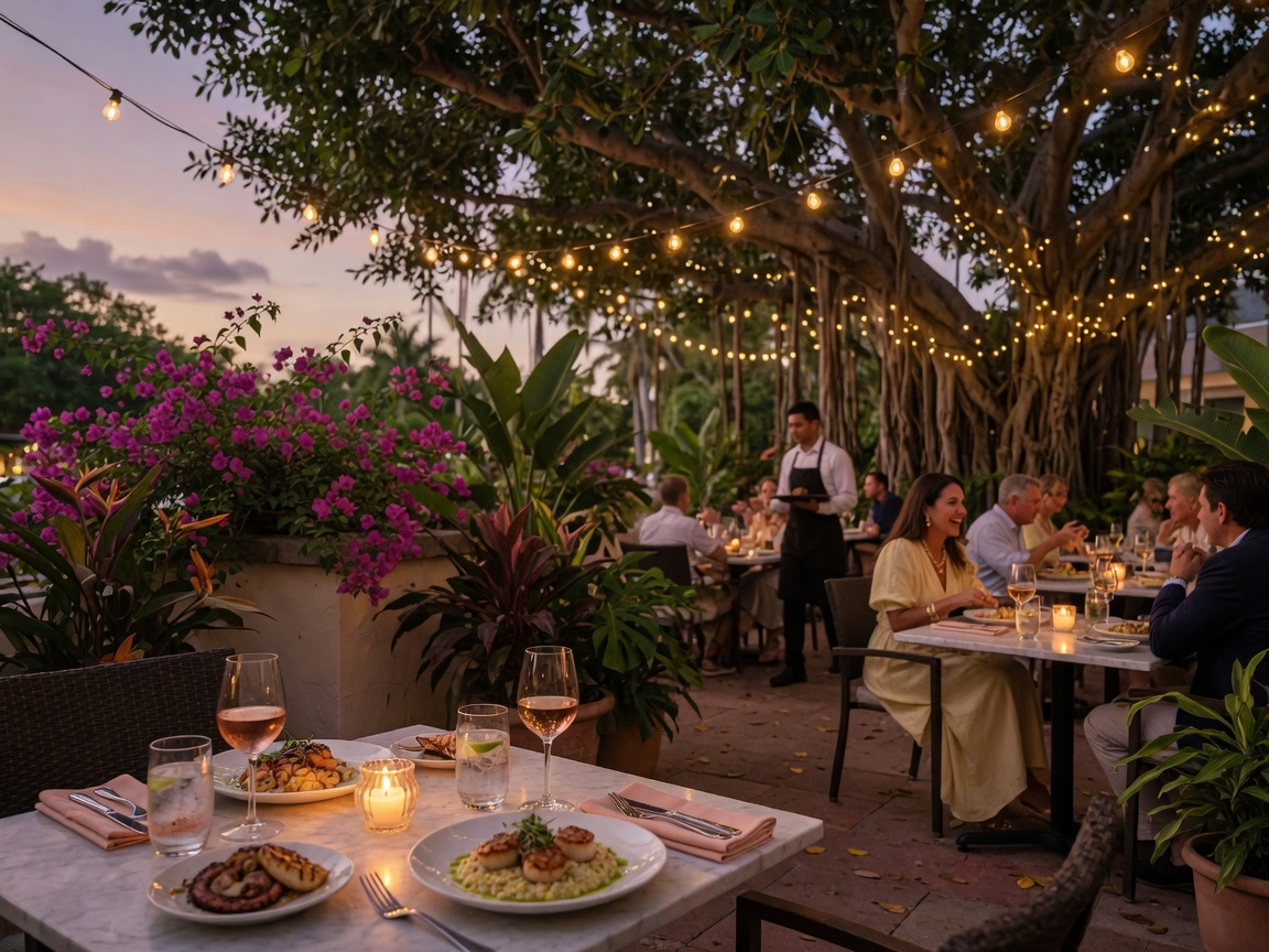 Outdoor dining along Fifth Avenue South in Naples, Florida — string lights and tropical canopy