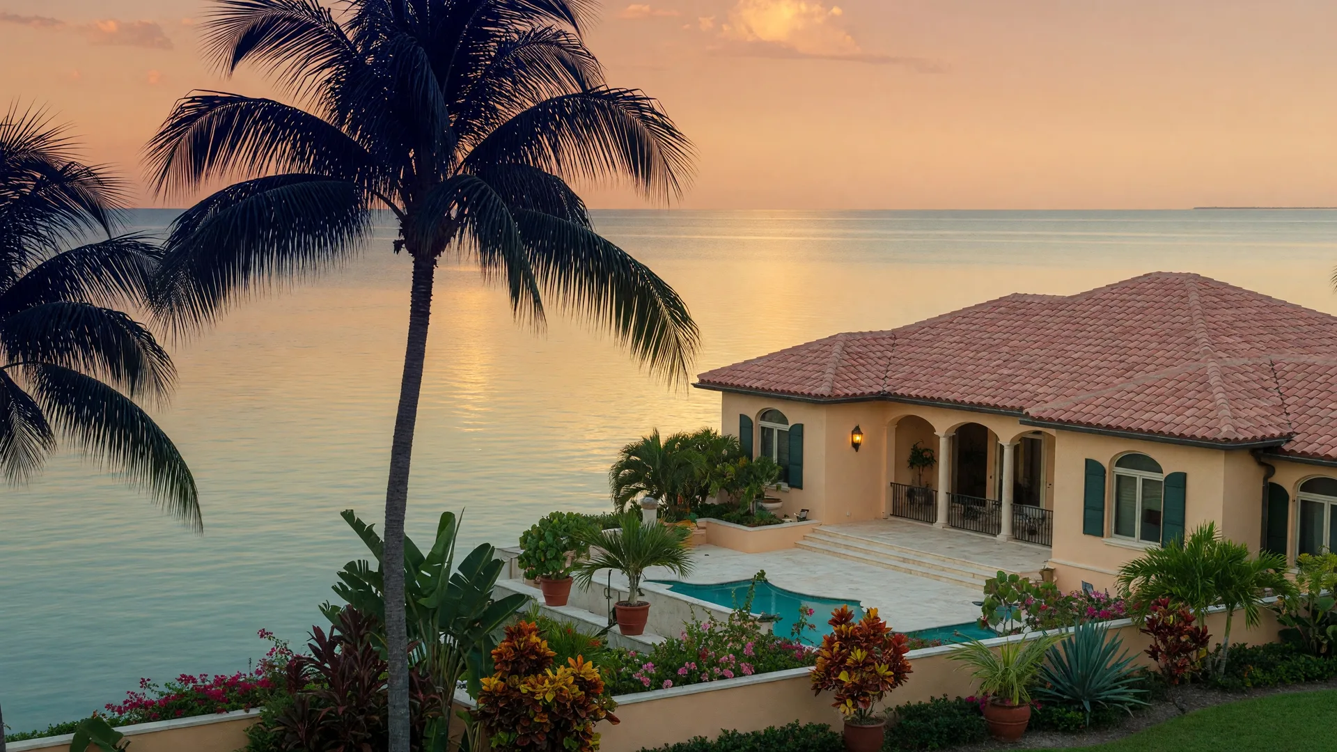 Southwest Florida waterfront home at golden hour with calm Gulf waters and tropical landscaping