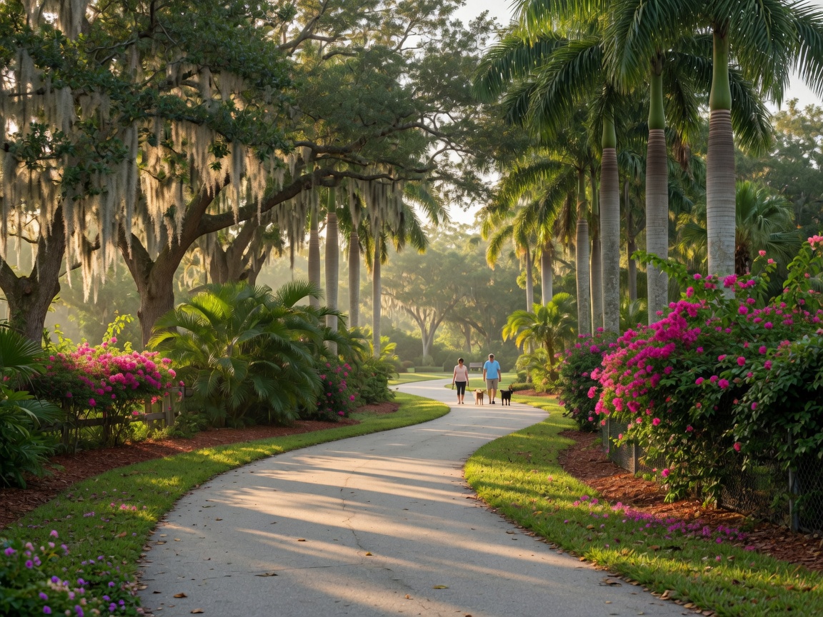 A tree-lined walking trail in a Southwest Florida park with tropical vegetation and morning light