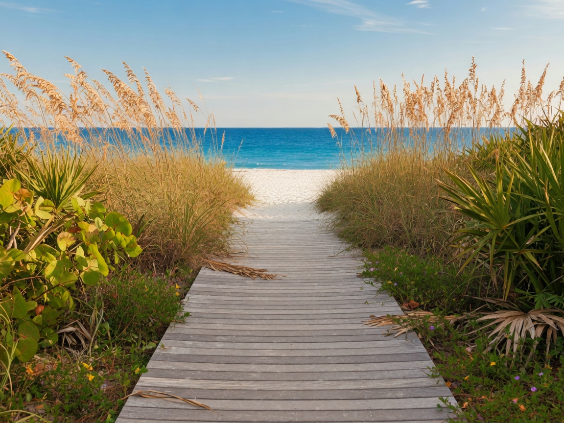 A wooden boardwalk path leading through coastal vegetation to a Gulf beach in Southwest Florida