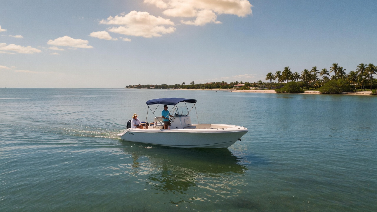Boating on calm turquoise waters in Southwest Florida under a bright blue sky
