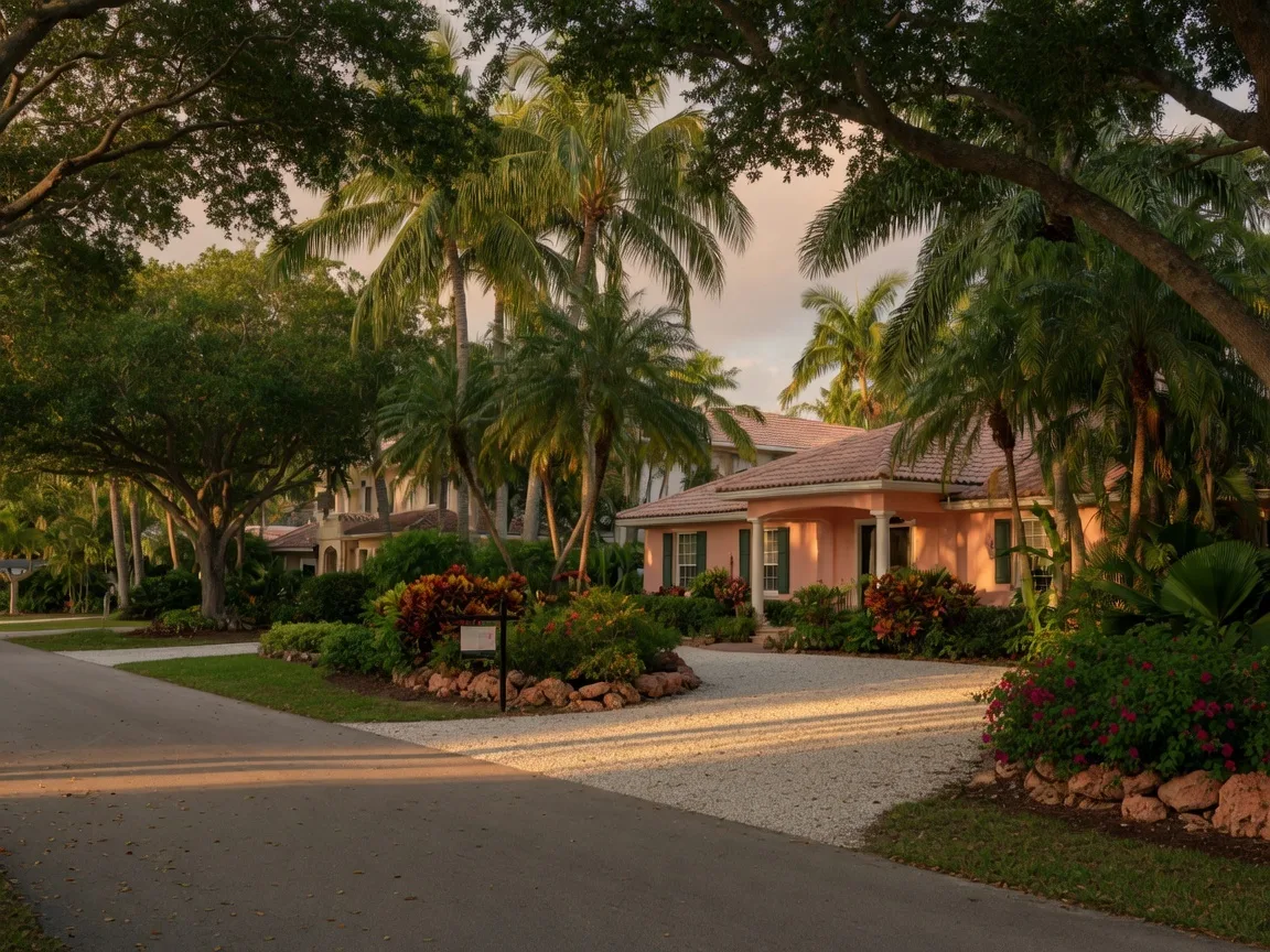 Established residential neighborhood in Naples with tropical landscaping and palm trees