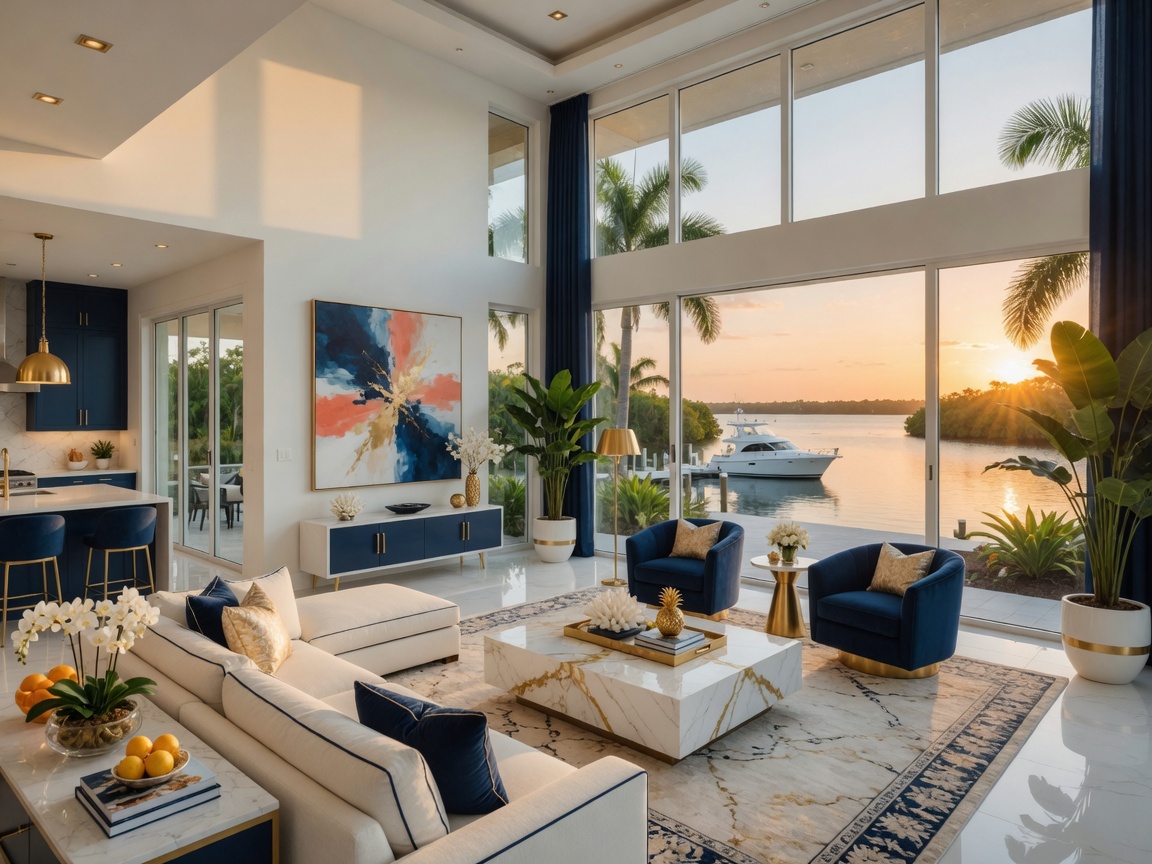Luxury waterfront home interior with floor-to-ceiling windows overlooking a Southwest Florida canal