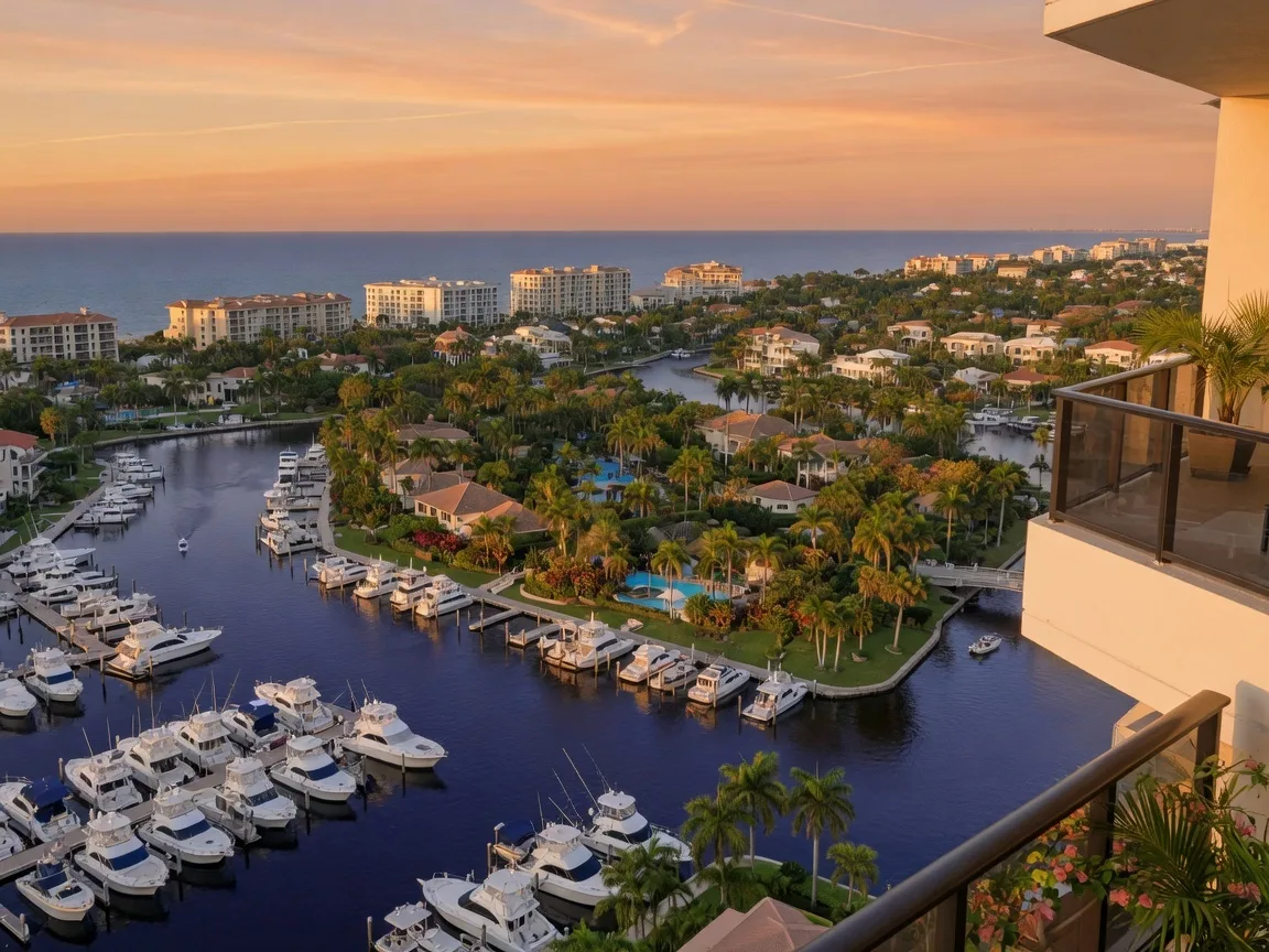Sunset over a marina and coastal waterways in Southwest Florida with luxury yachts and distant Gulf horizon