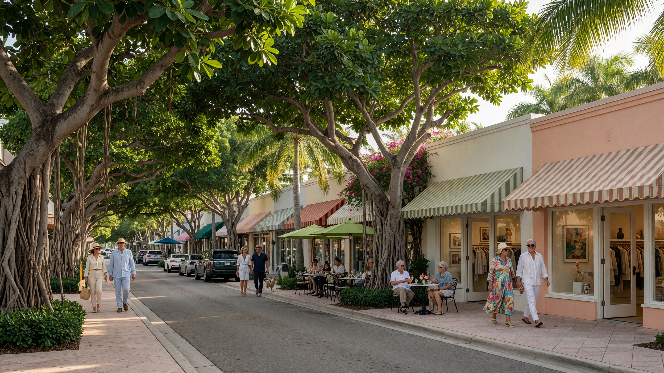 Quiet residential street in Olde Naples with beach cottages and tropical landscaping