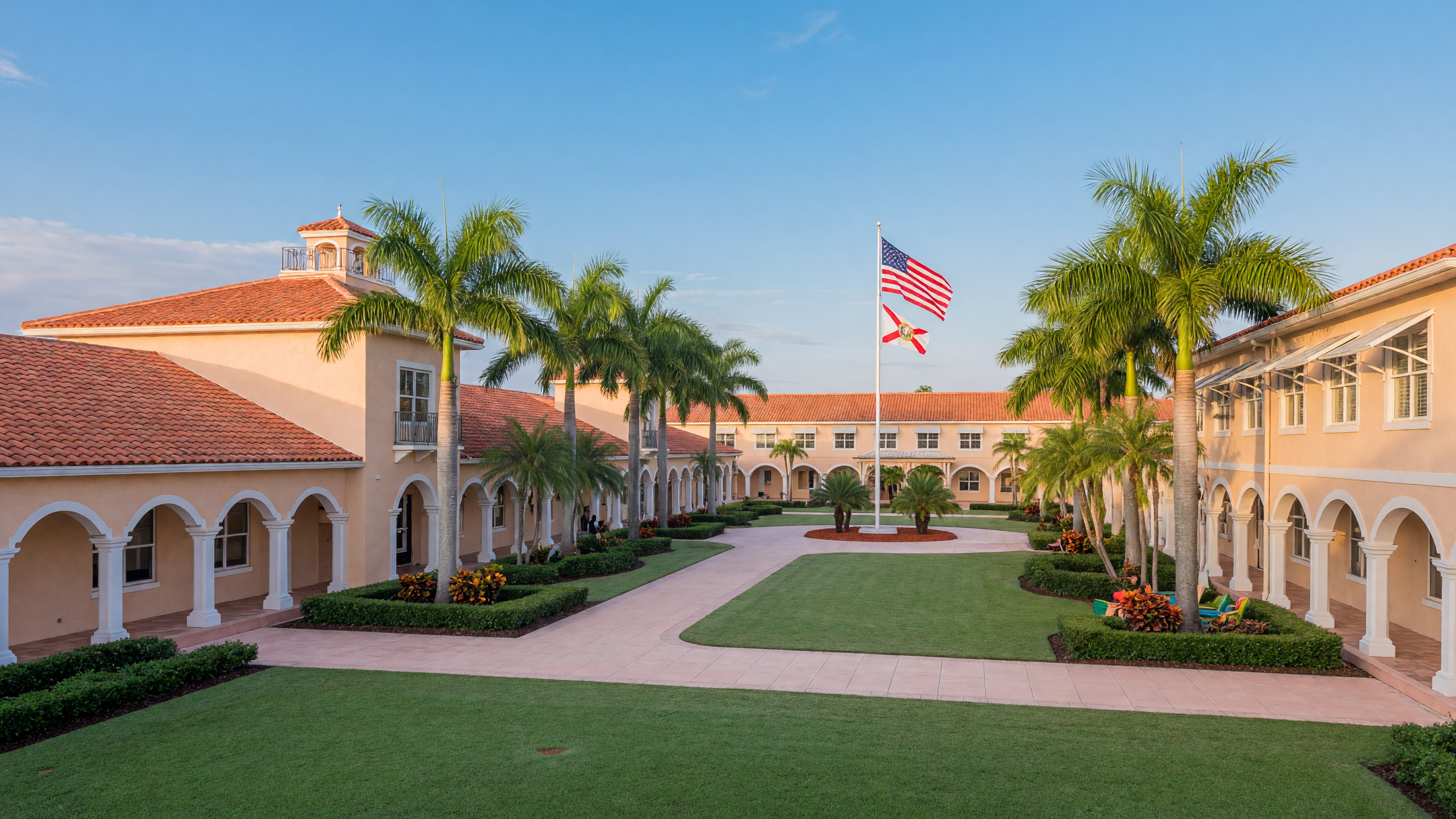 Modern private school campus in Southwest Florida with palm trees and Mediterranean-style architecture