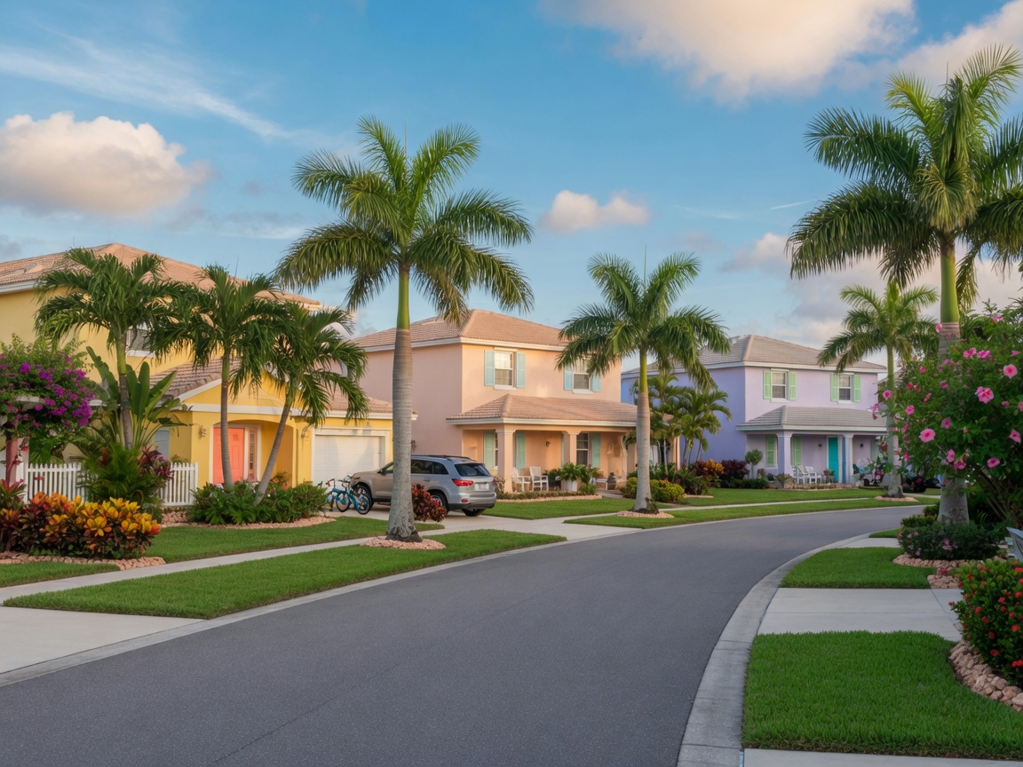 Southwest Florida residential community with tropical landscaping, palm-lined streets, and Mediterranean-style homes