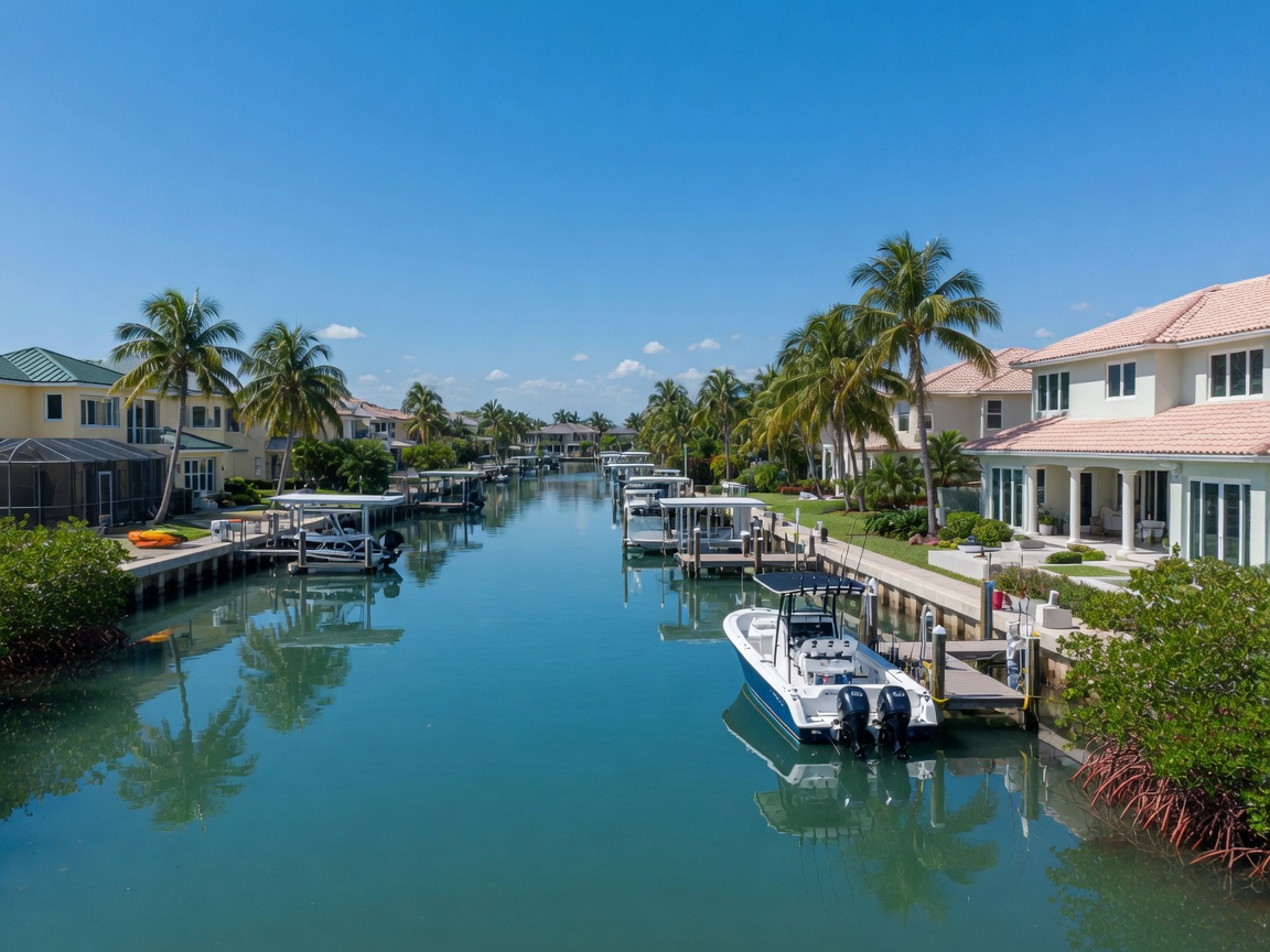 A waterfront canal with homes and private docks along a pet-friendly neighborhood in Southwest Florida
