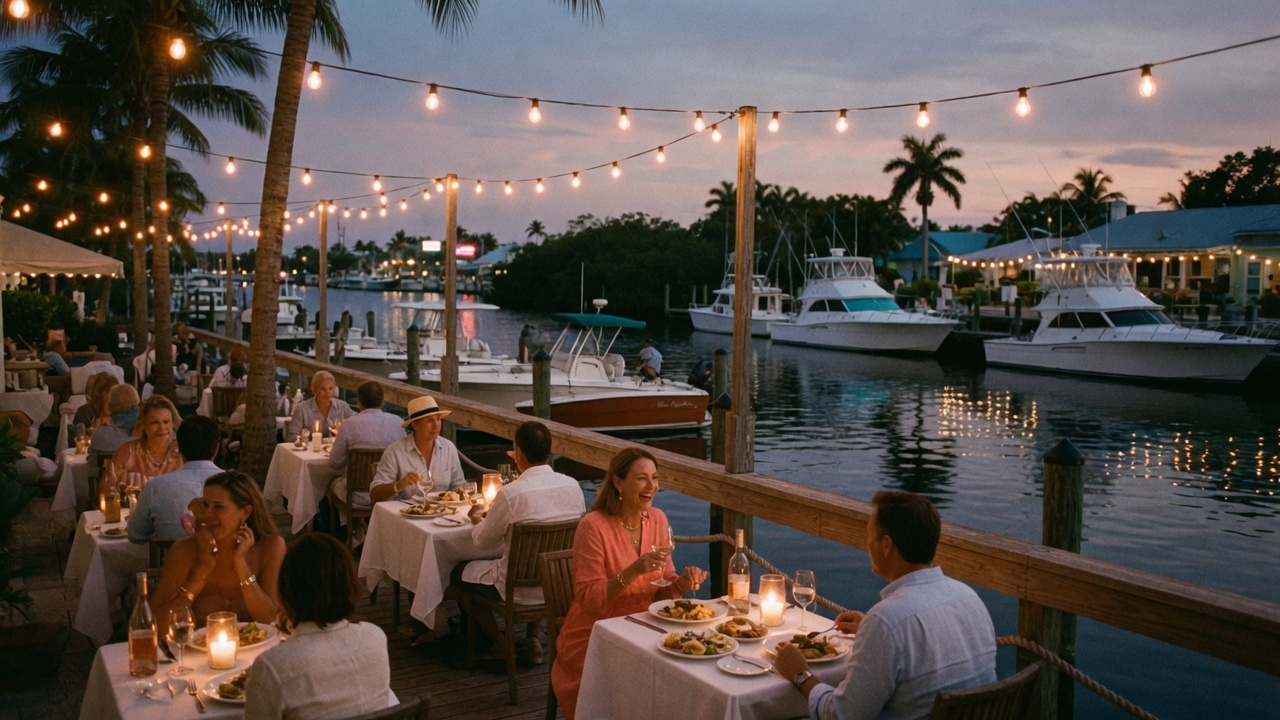 Waterfront dining scene in Southwest Florida at dusk with boats and string lights