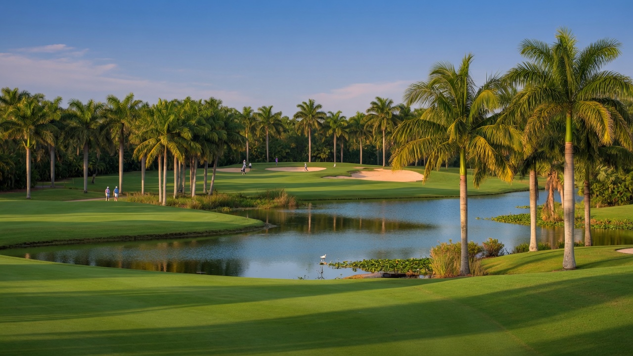 Beautiful golf course with rolling green fairways and palm trees in Southwest Florida