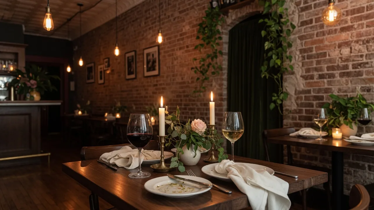 Candlelit restaurant table set for a romantic dinner