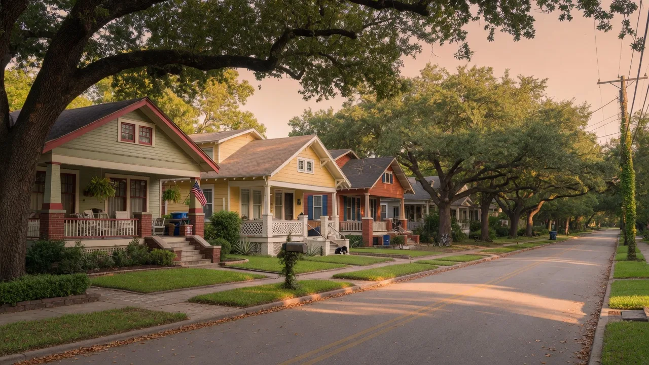 Historic bungalows along a tree-lined Houston Heights street