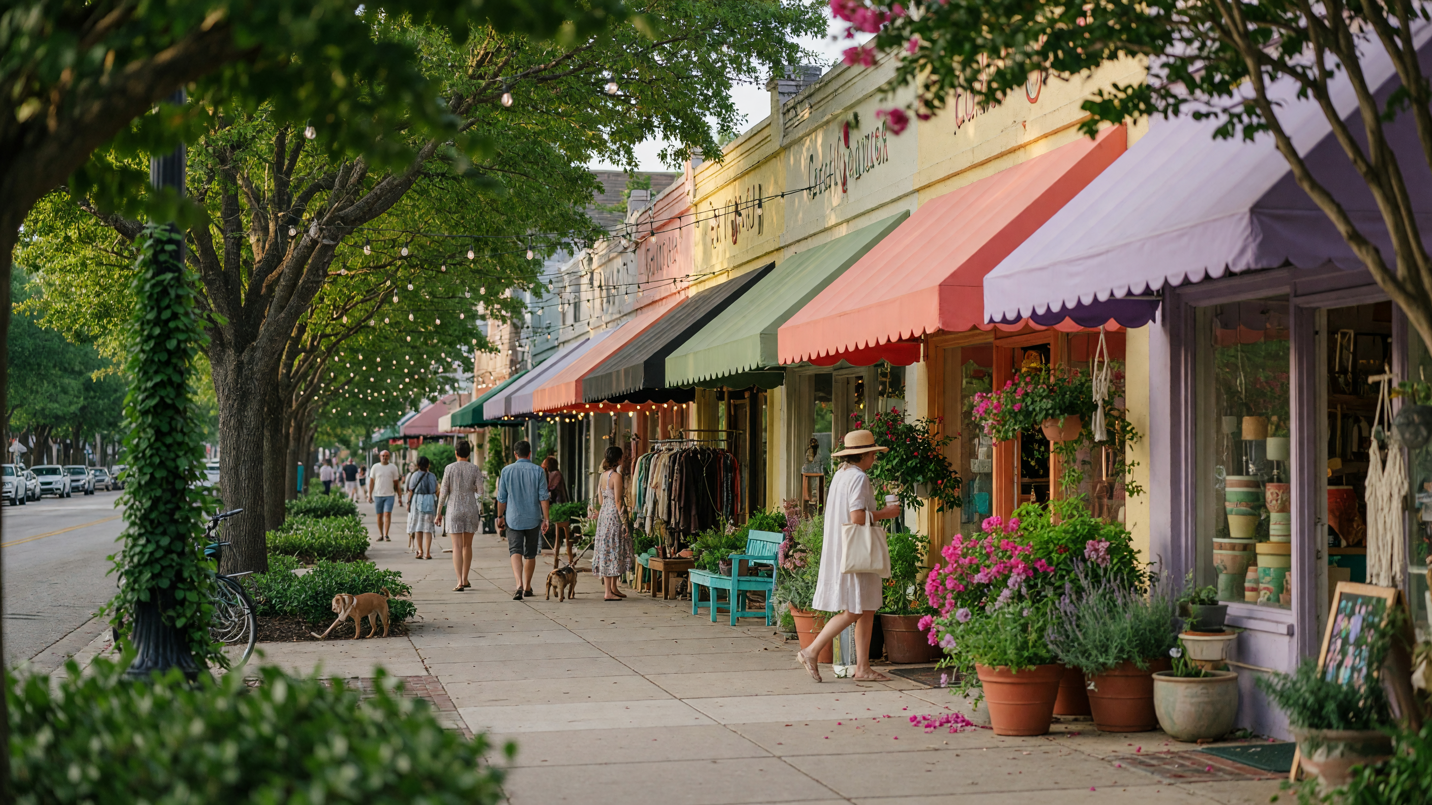 Vibrant farmers market stalls under white canopies