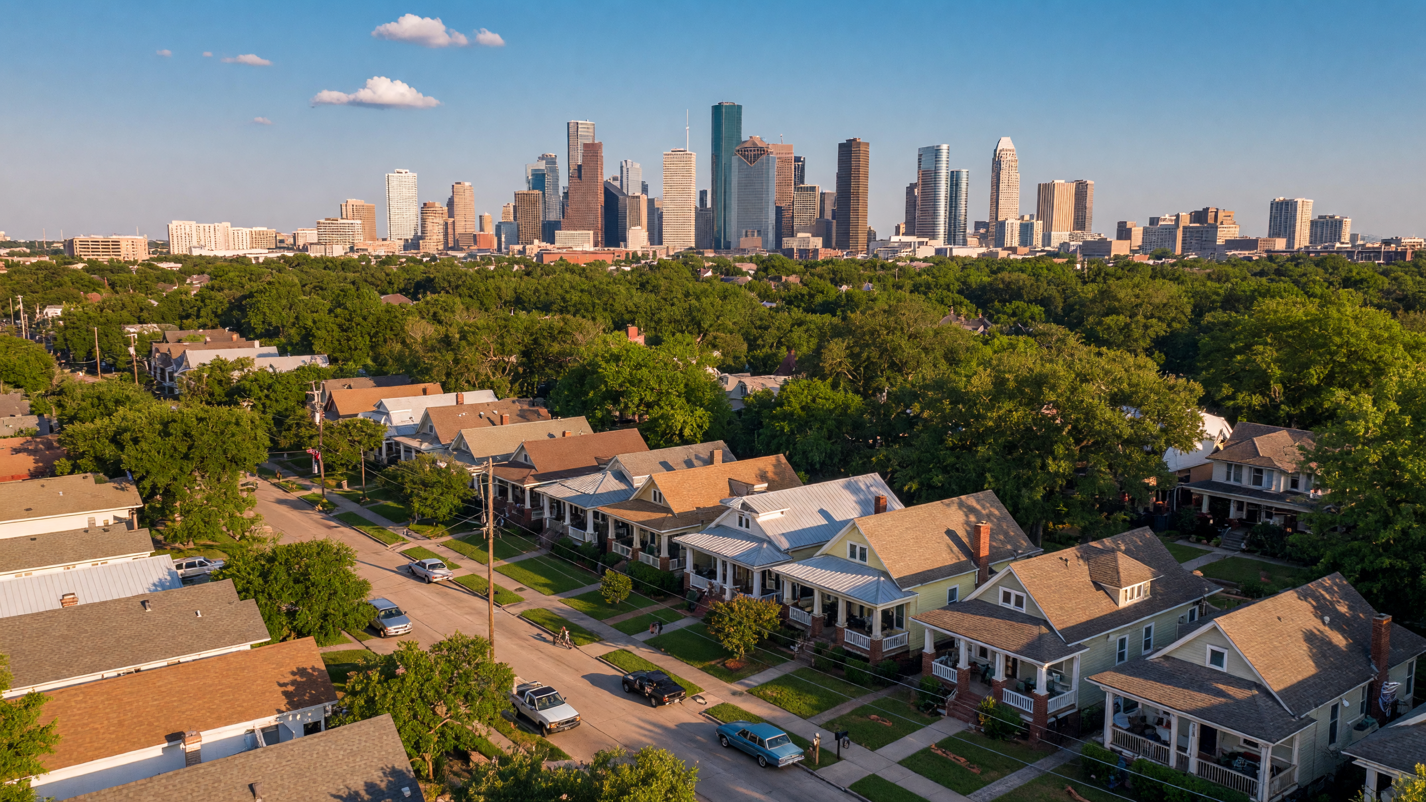 Shops along 19th Street in Houston Heights on a sunny morning