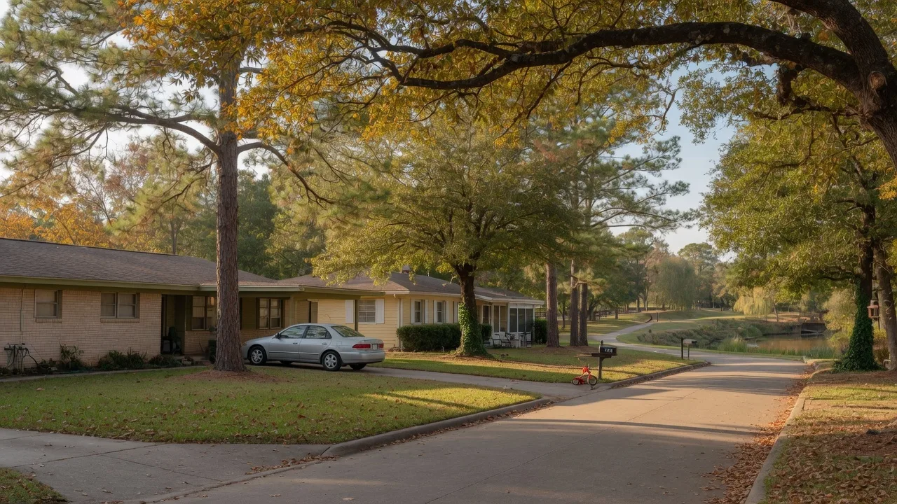 Tree-lined streets and midcentury homes in Timbergrove
