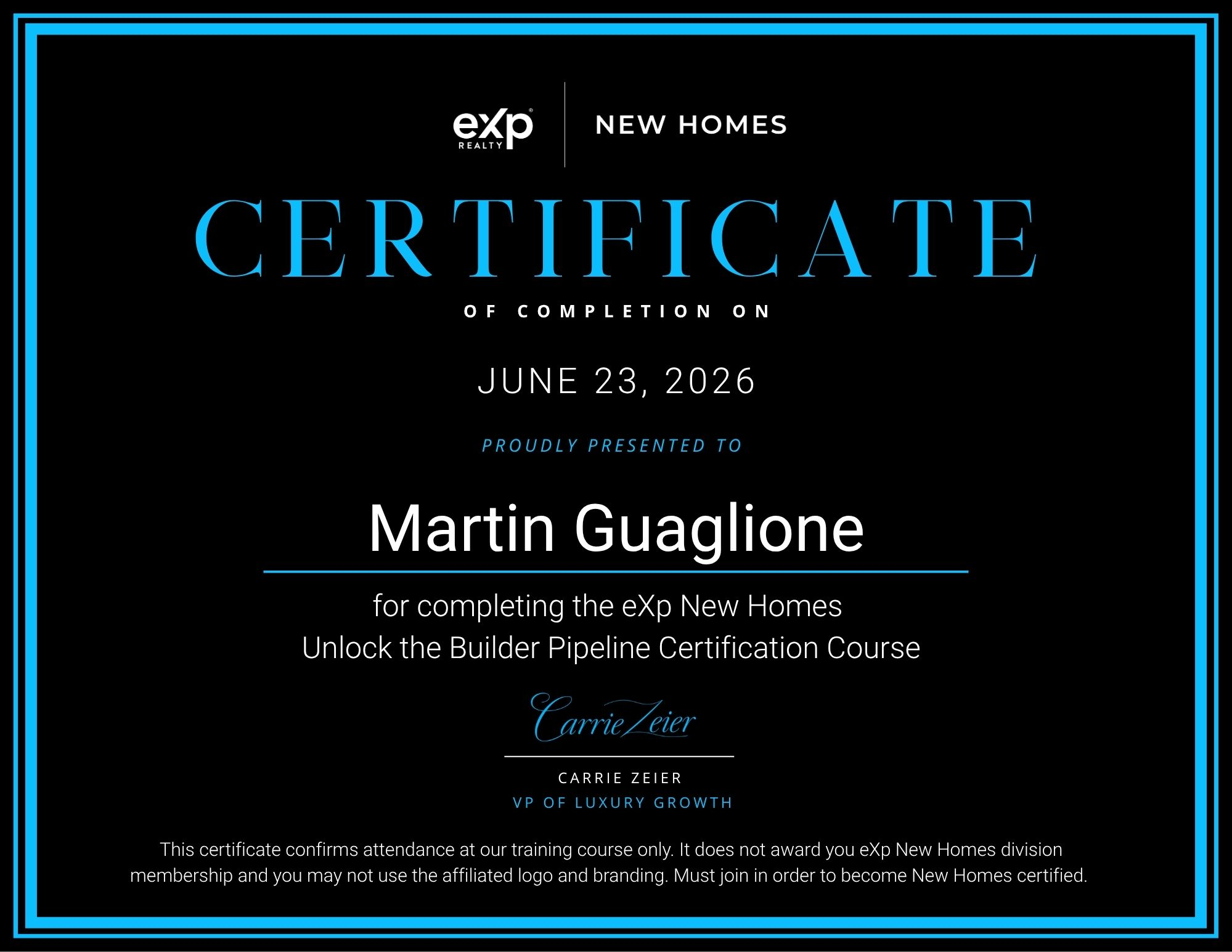 eXp Realty New Homes Builder Pipeline Certification Course certificate awarded to Martin Guaglione