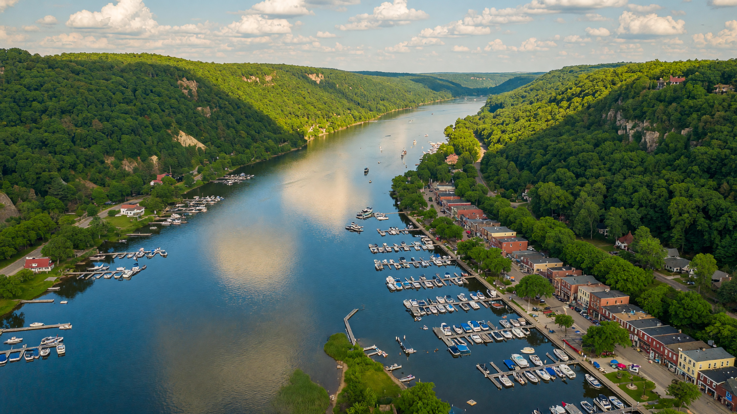 Aerial view of Hudson, Wisconsin along the St. Croix River in summer