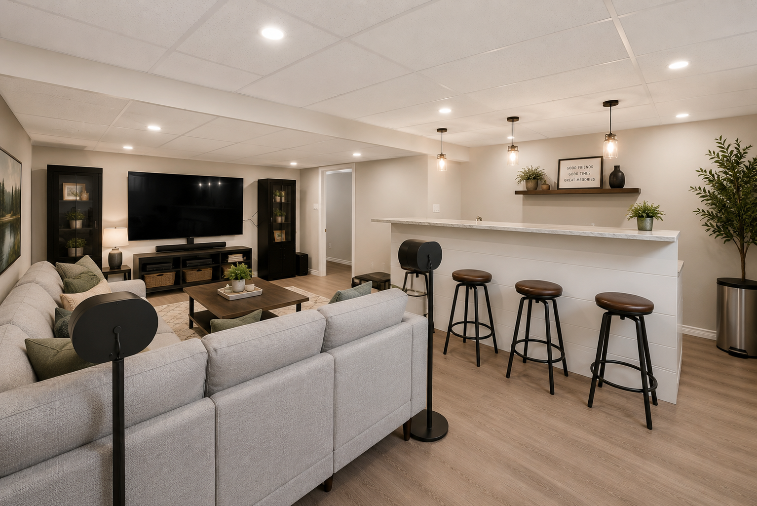 Fully finished basement entertainment space at 31 Townsend Dr #66 with a wet bar, stone countertop, and recessed lighting