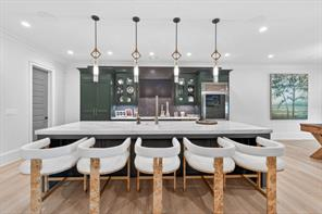 Chef's kitchen with dark green island and premium appliances