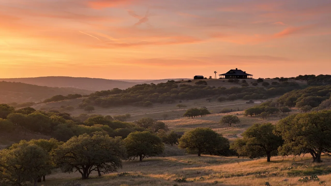 Texas Hill Country landscape at sunset with rolling hills, live oaks, and a distant ranch house, illustrating the geographic distance an out-of-state executor manages across